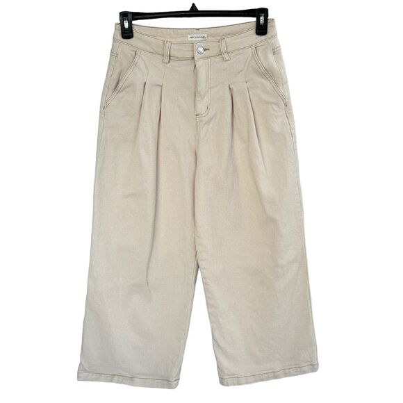 Avec Les Filles SZ 8 Wide Leg Pleated Crop Jeans Stretch Hi-Rise Zip-Fly Cream - Picture 1 of 9